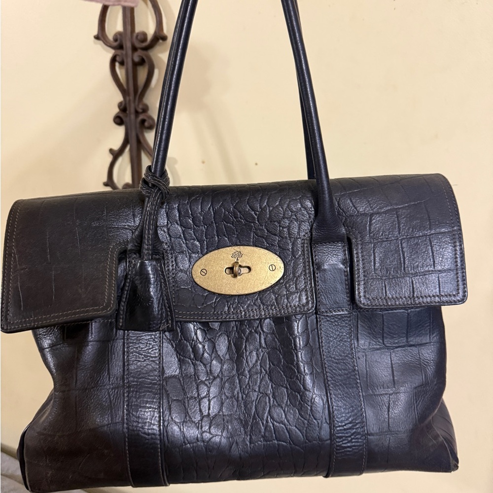 Mulberry Bayswater patterned tote bag in black leather with gold hardware